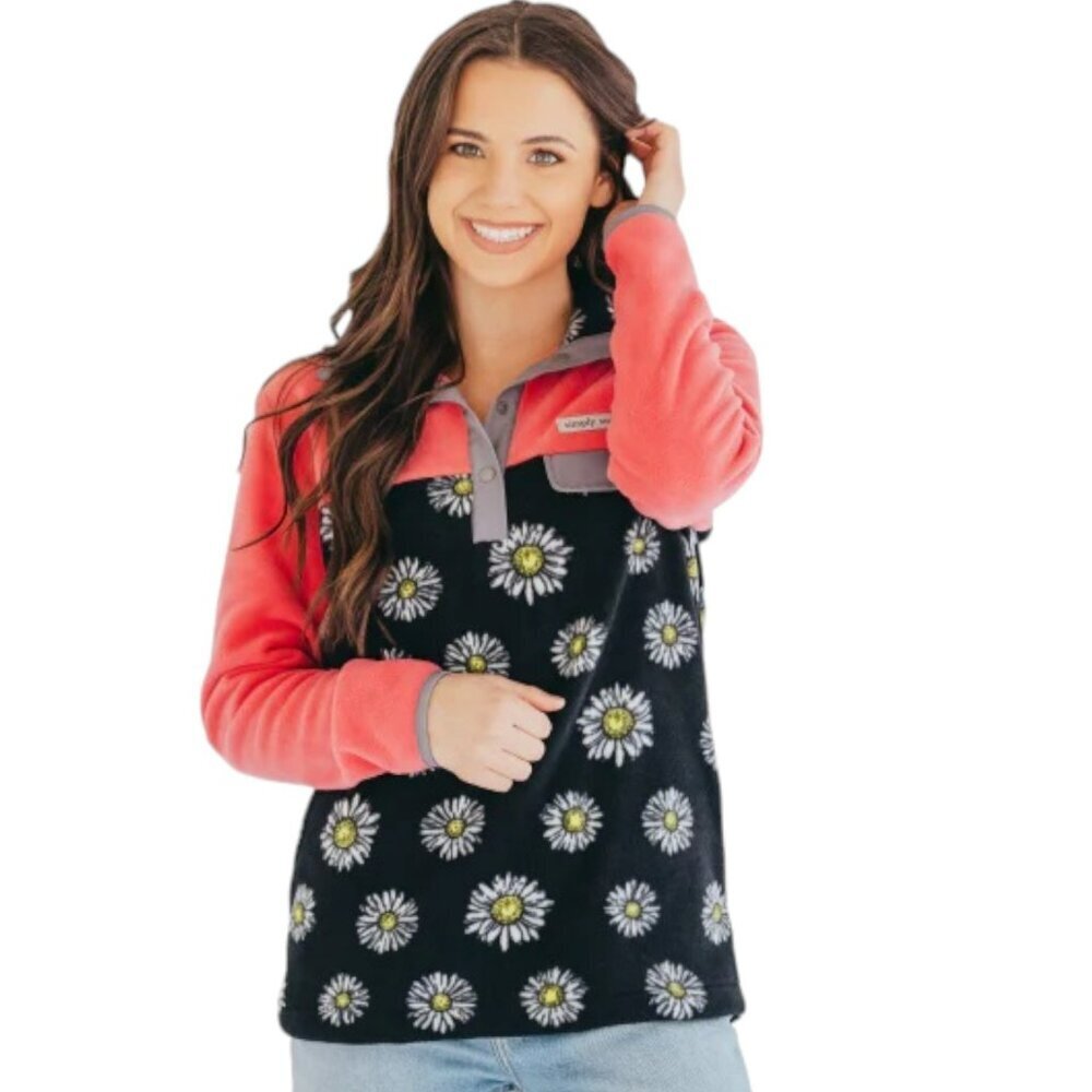 Simply Southern Simply Fleece Pullover 1/4 Snap Daisy - Black/Coral Pink - M